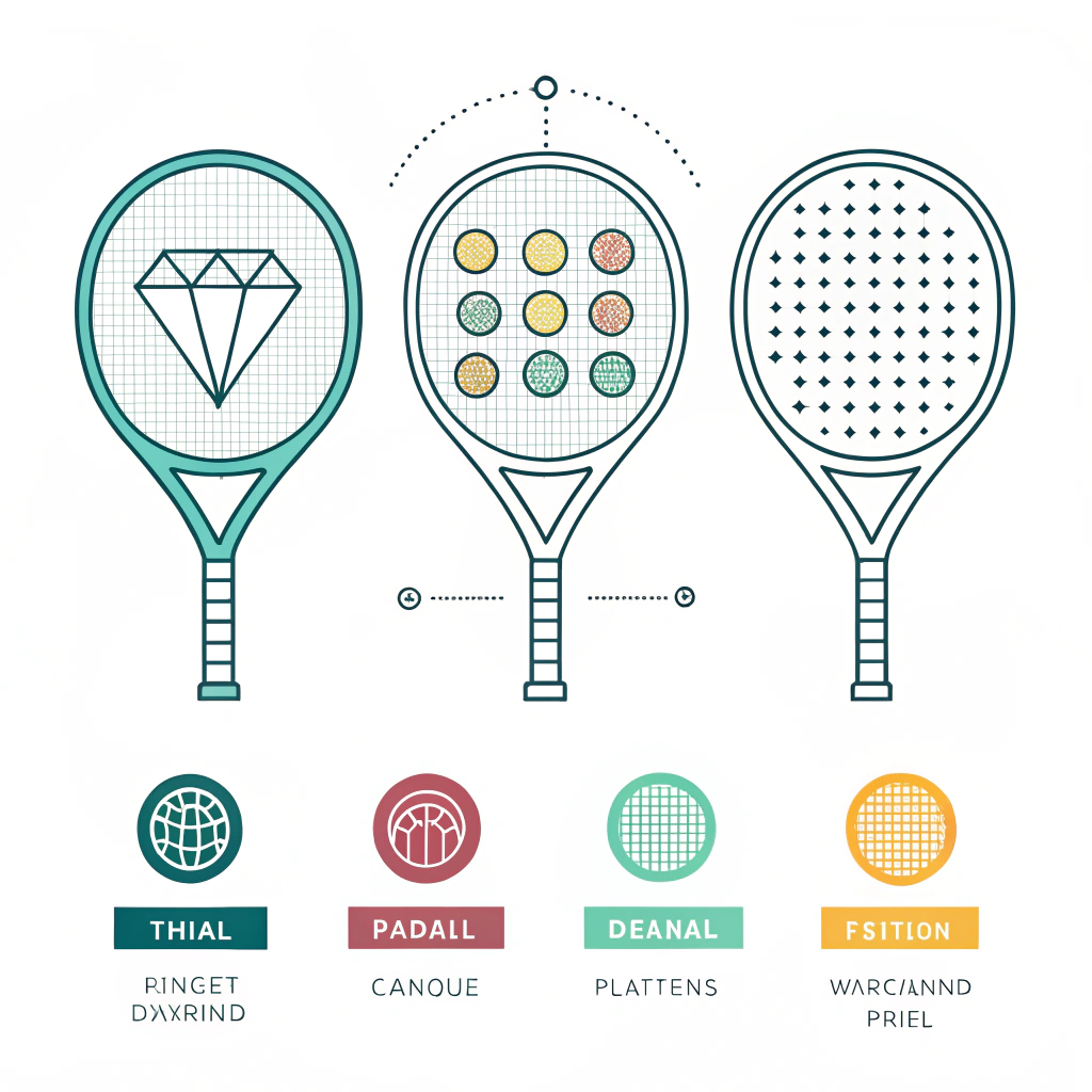 Minimal illustration of various padel racket shapes and customization symbols.