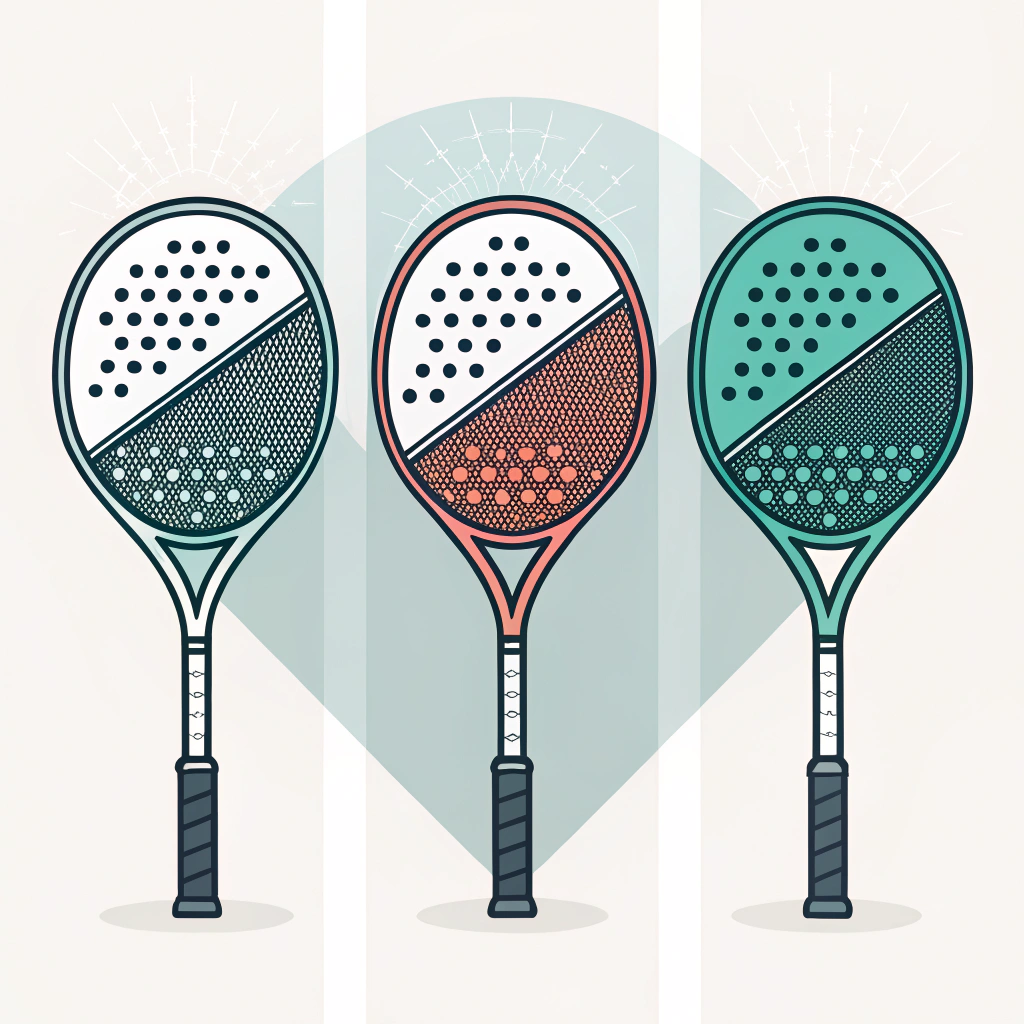 2D minimalist illustration showcasing three abstract padel racket designs with modern geometric forms.