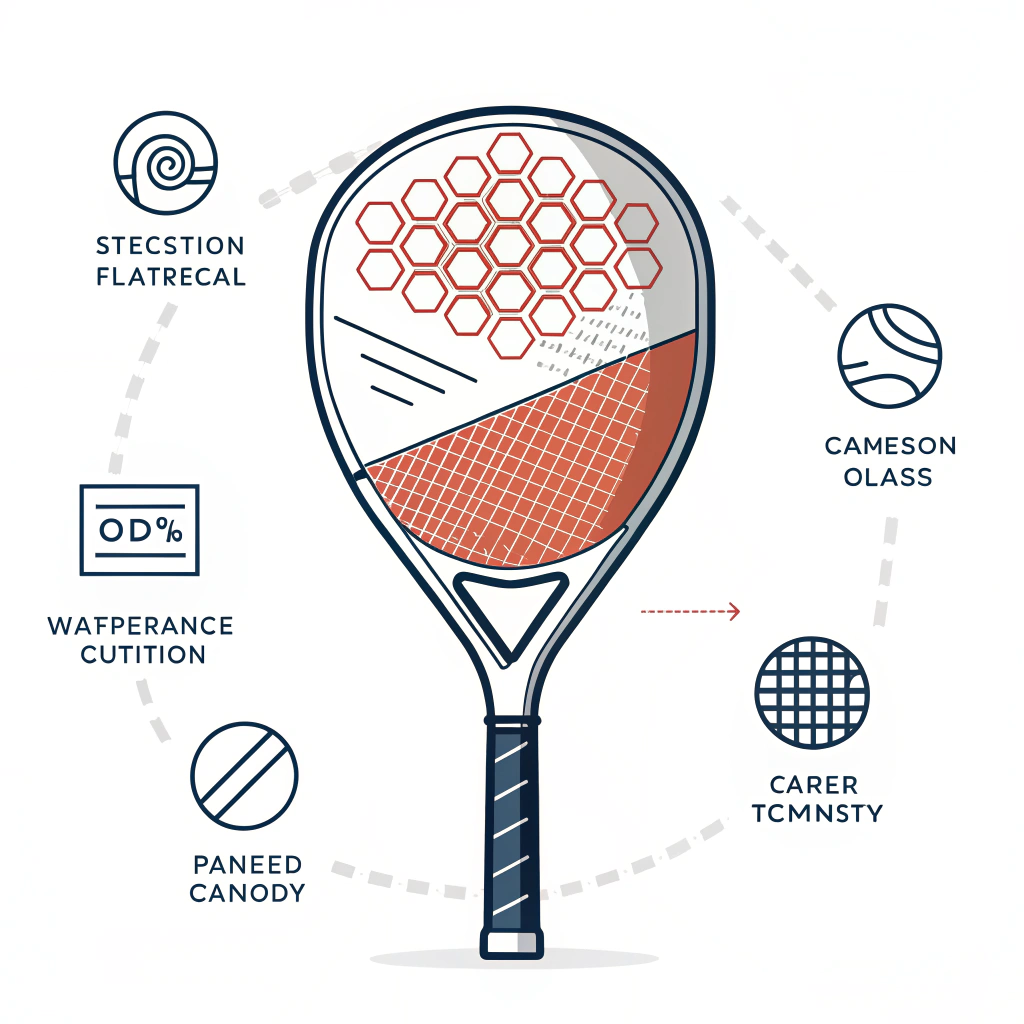 Minimalist 2D illustration of a padel racket with layered carbon fiber and fiberglass details