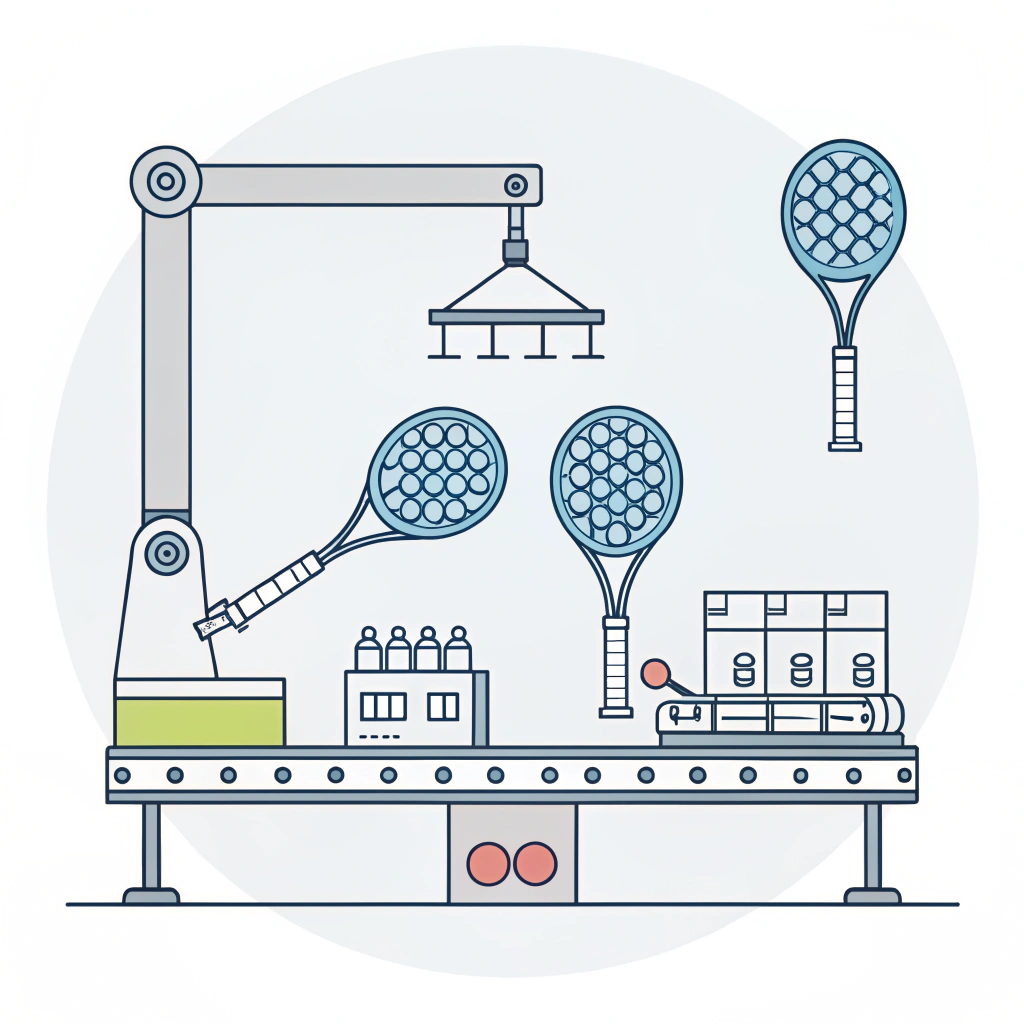 2D illustration showcasing clean padel racket production techniques and customization