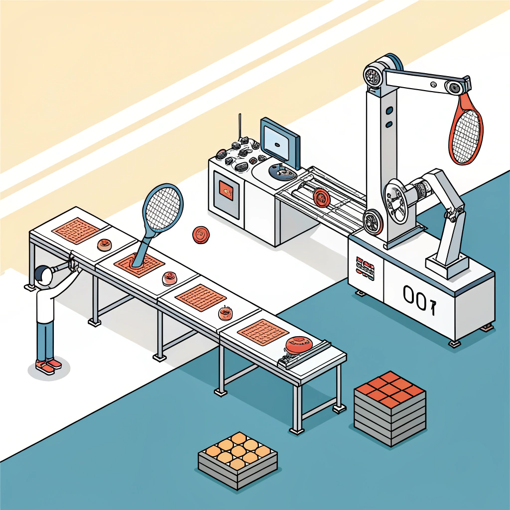 A clean 2D illustration of CAD and automation elements in padel racket manufacturing with a minimalist design.