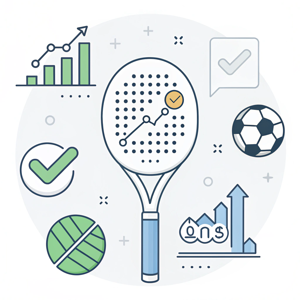 Minimal illustration of a padel racket with abstract quality control and data icons in flat design.