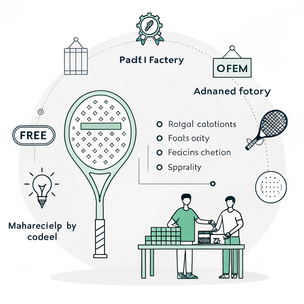 Minimalist 2D illustration of OEM padel racket manufacturing process and partnership symbols.