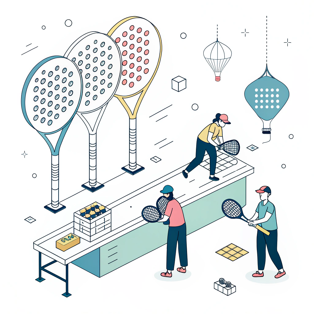 Minimalist illustration of a modern padel racket production process in a streamlined factory setting.