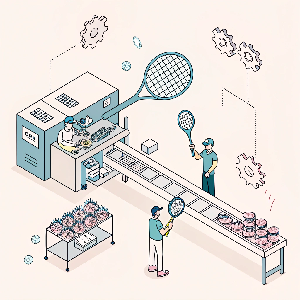 Minimal 2D illustration of padel racket production quality control with modern elements.