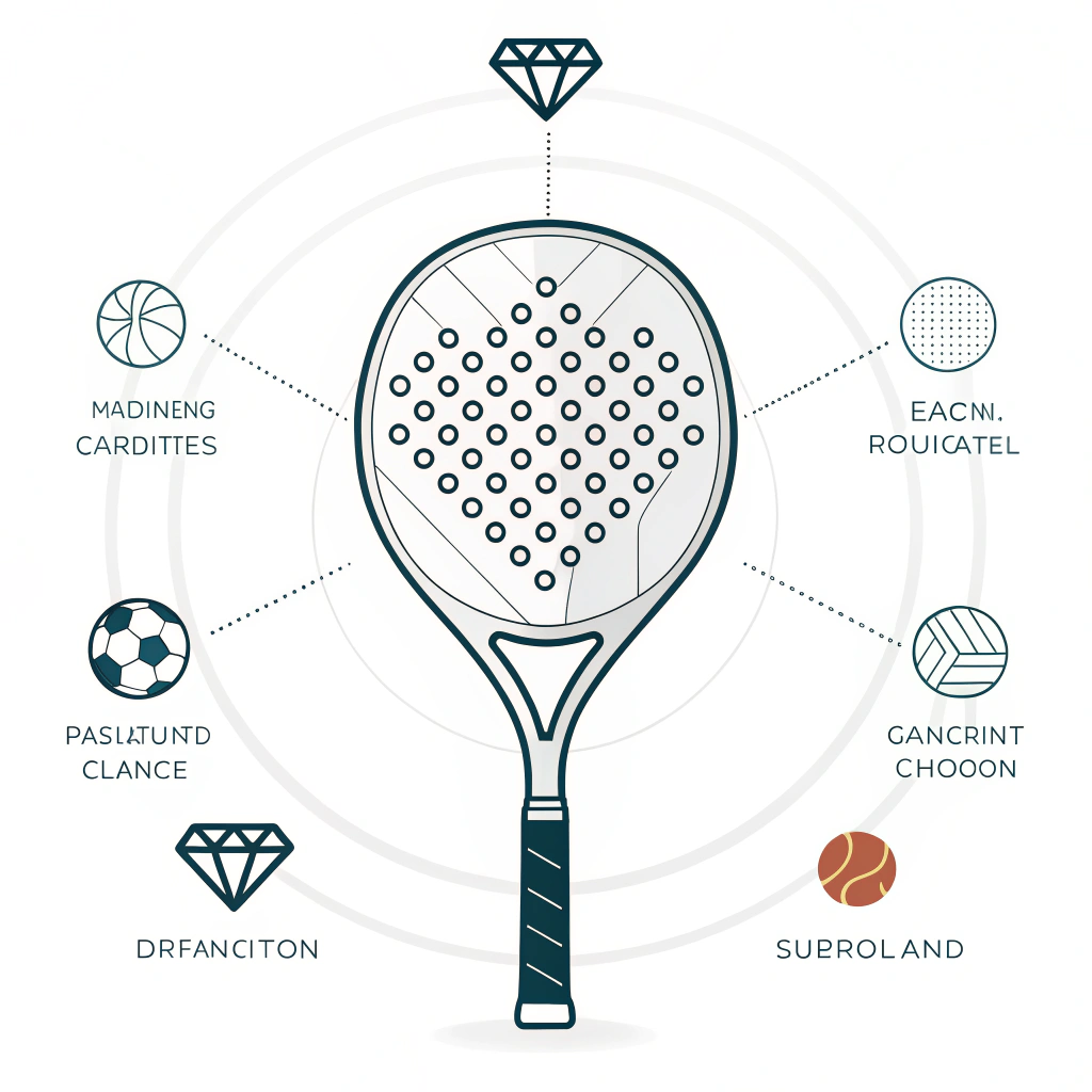 Minimal 2D illustration showcasing a custom-designed padel racket with modern innovation.
