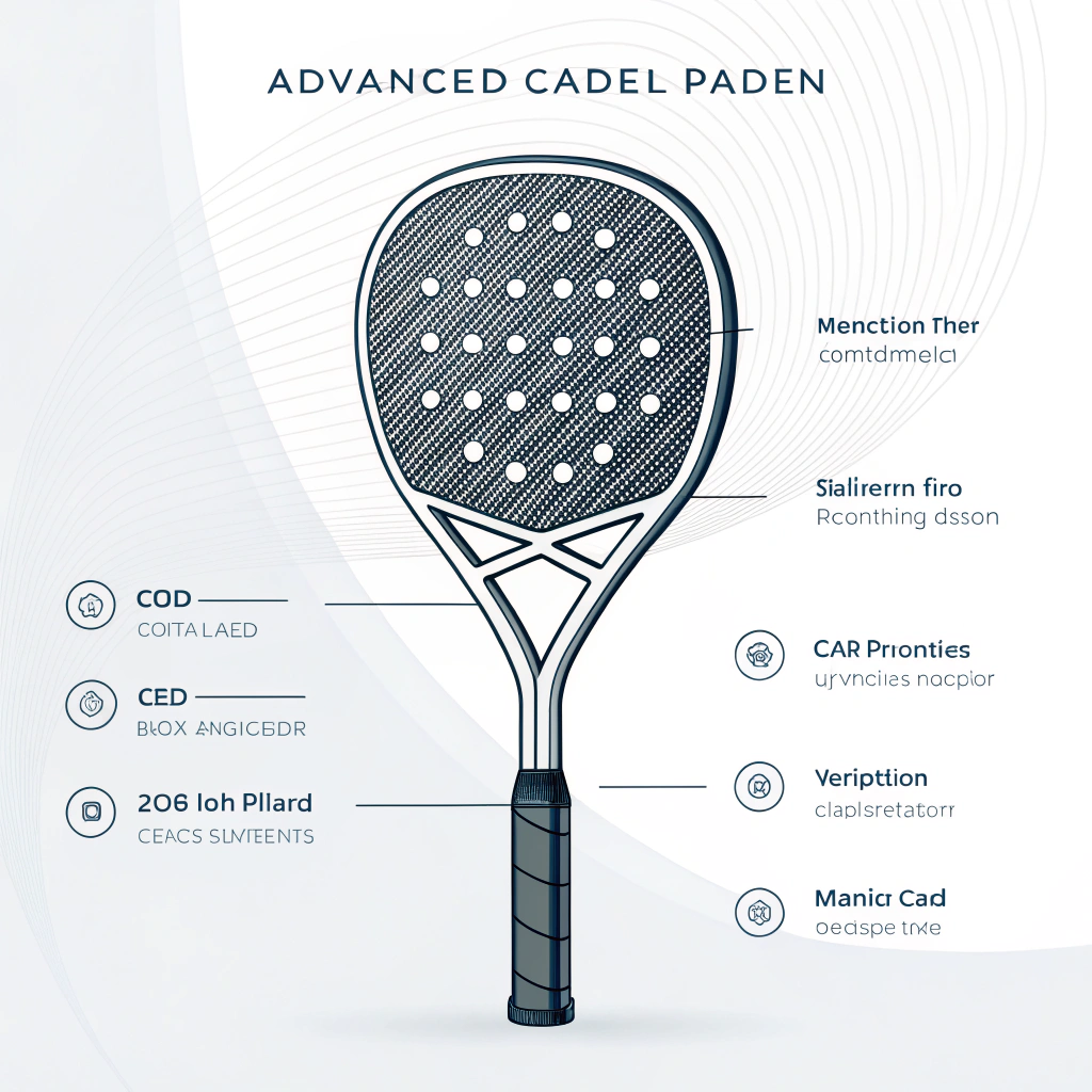 Minimal 2D illustration of a futuristic padel racket with carbon fiber design and CAD details.