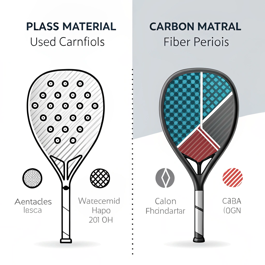 Minimalist illustration comparing glass fiber and carbon fiber padel rackets