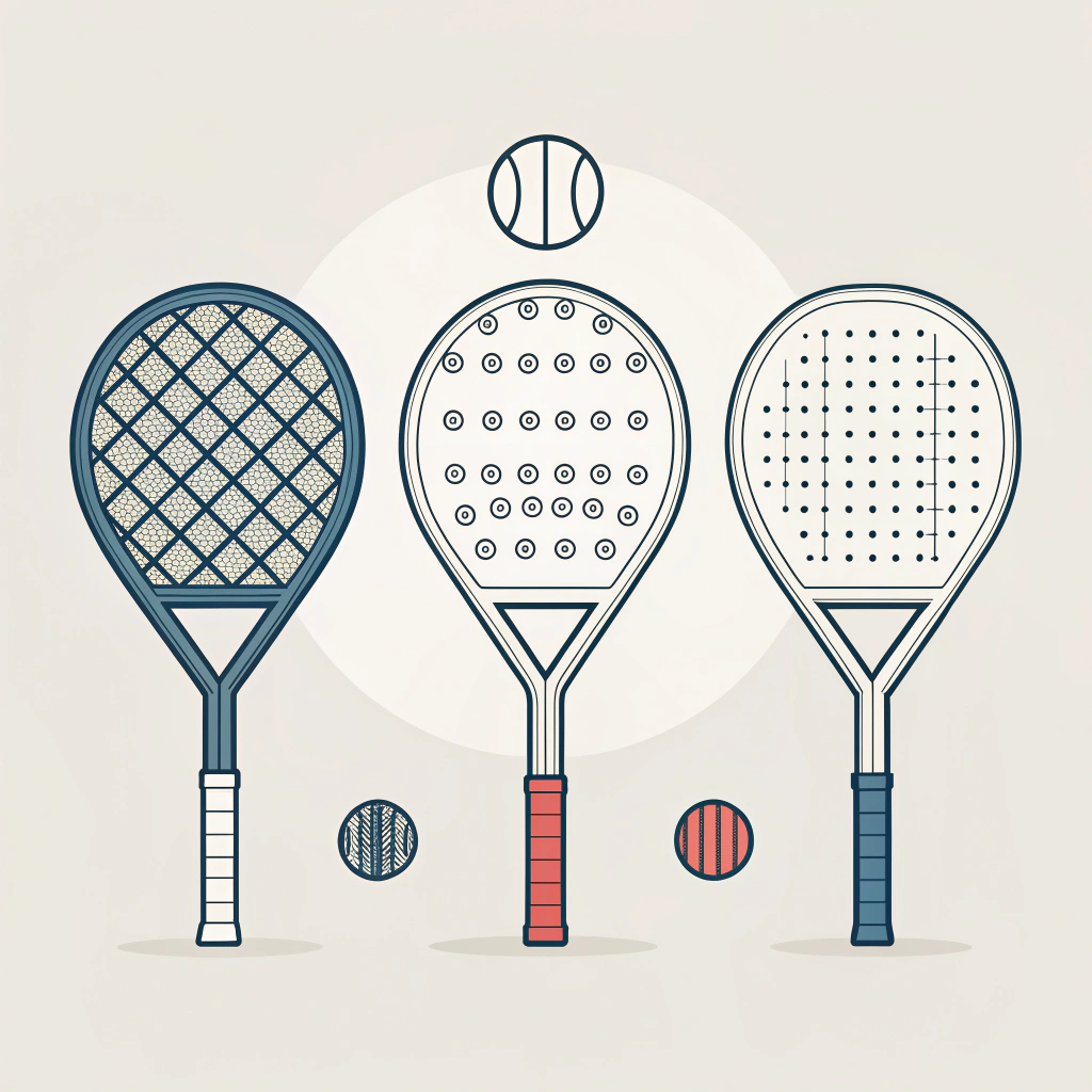 minimalist 2D illustration of three distinct padel racket shapes