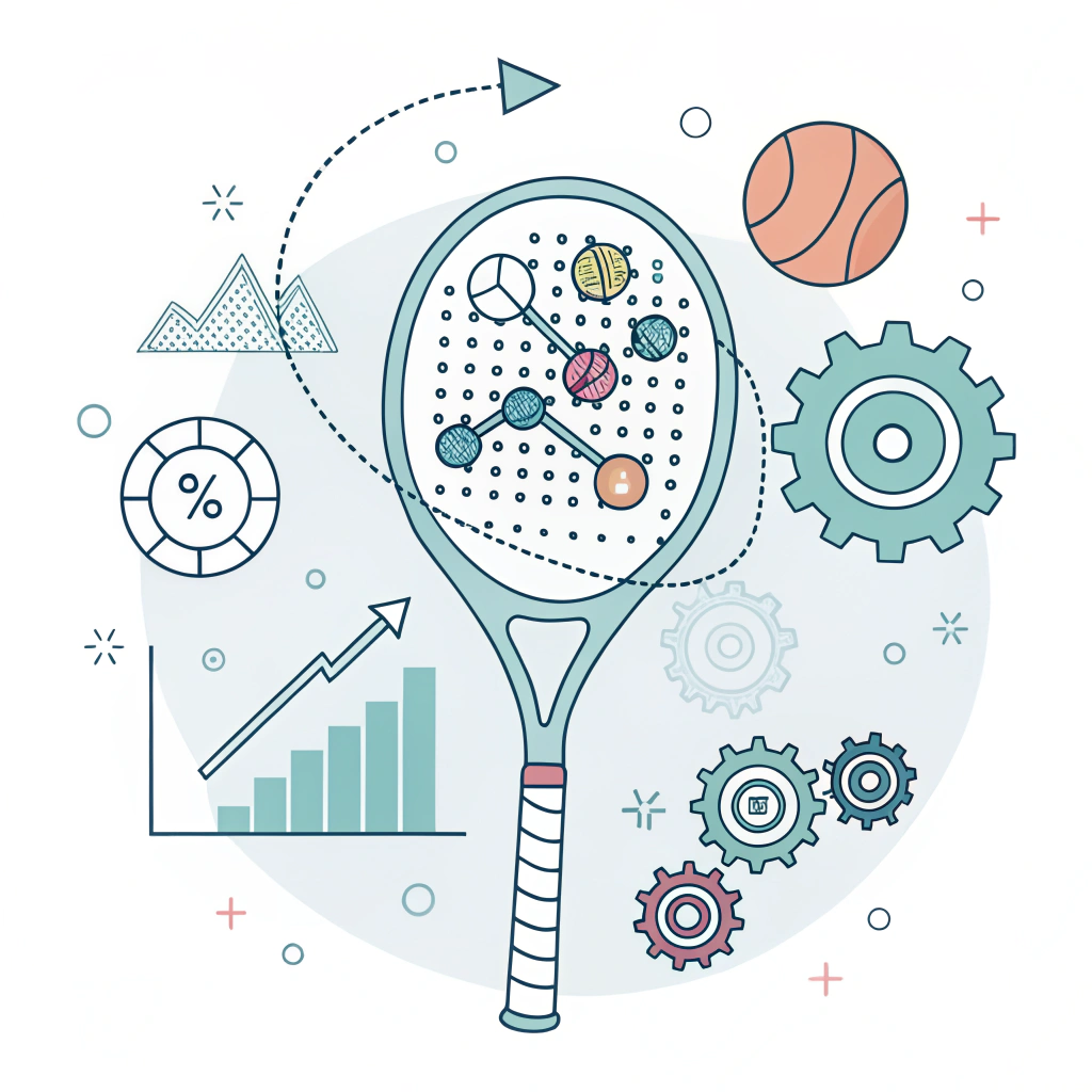 Minimal 2D illustration combining padel racket design with data and strategy elements.