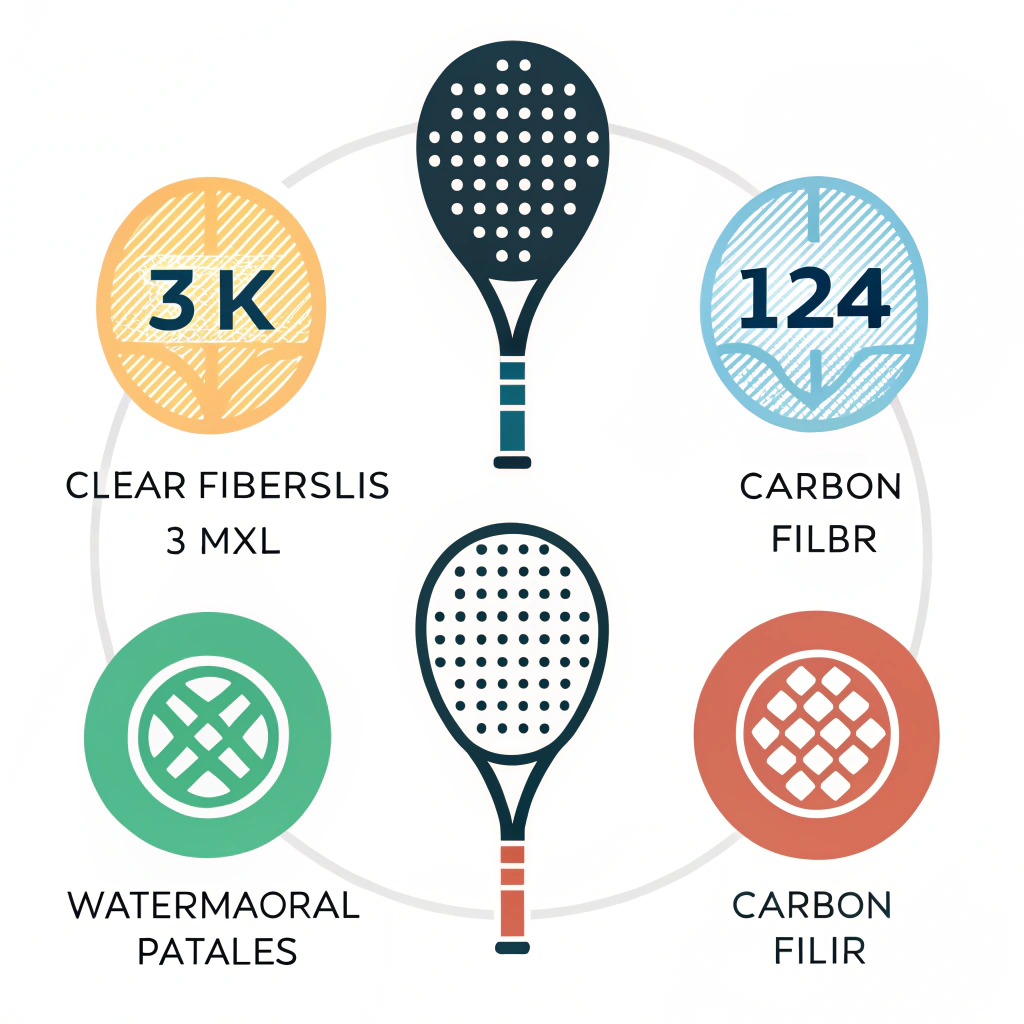 Minimalist abstract icons representing fiberglass, 3k, 12k, and 18k carbon fiber for padel rackets