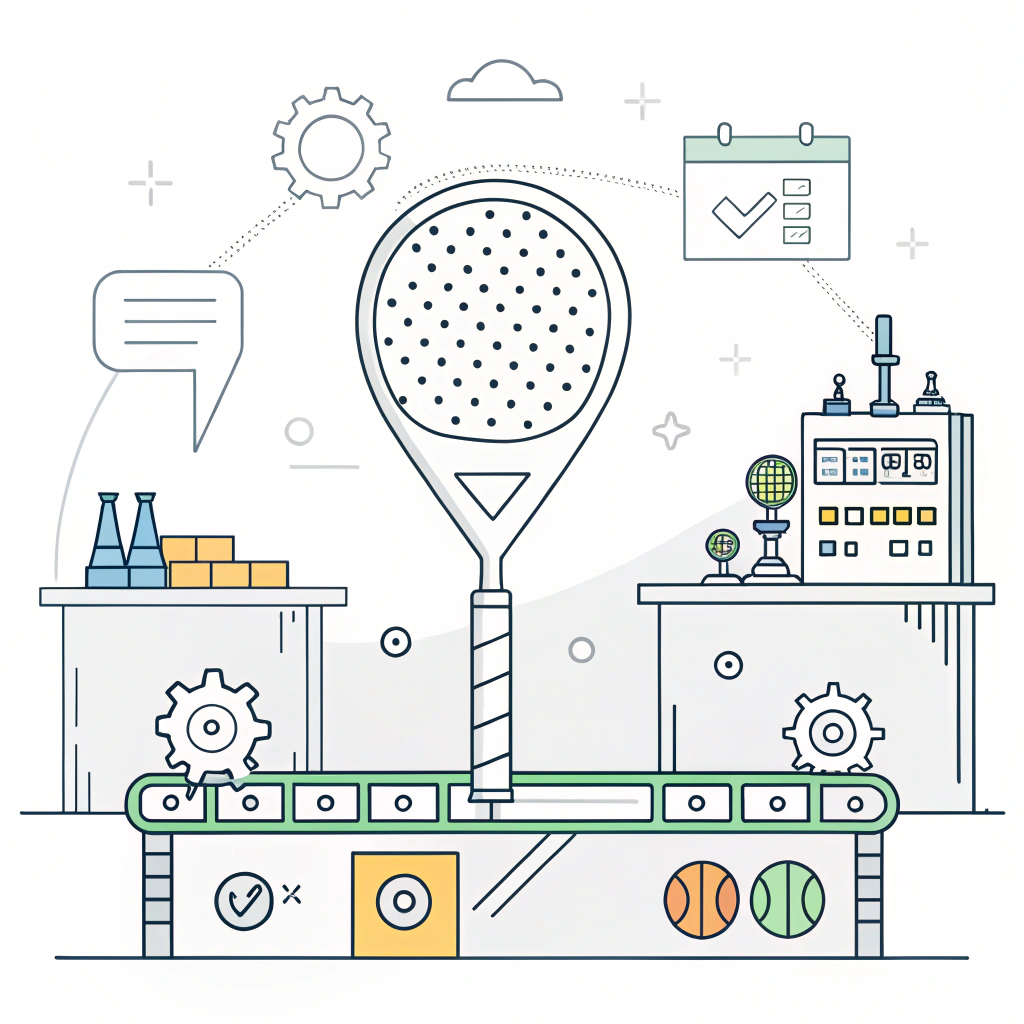 2D technical illustration of padel racket manufacturing and surface customization process