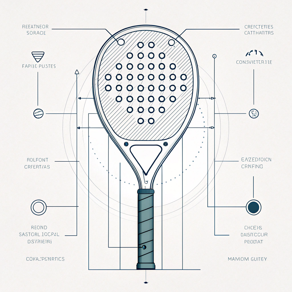 Minimalist illustration of a futuristic padel racket blueprint highlighting innovation and balance.