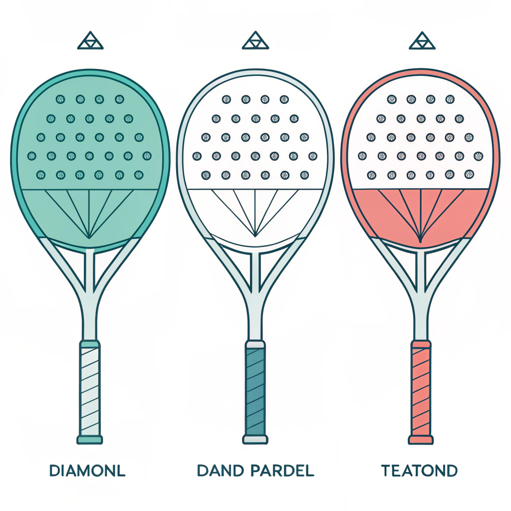 Simplified illustration comparing diamond, round, and teardrop padel racket designs