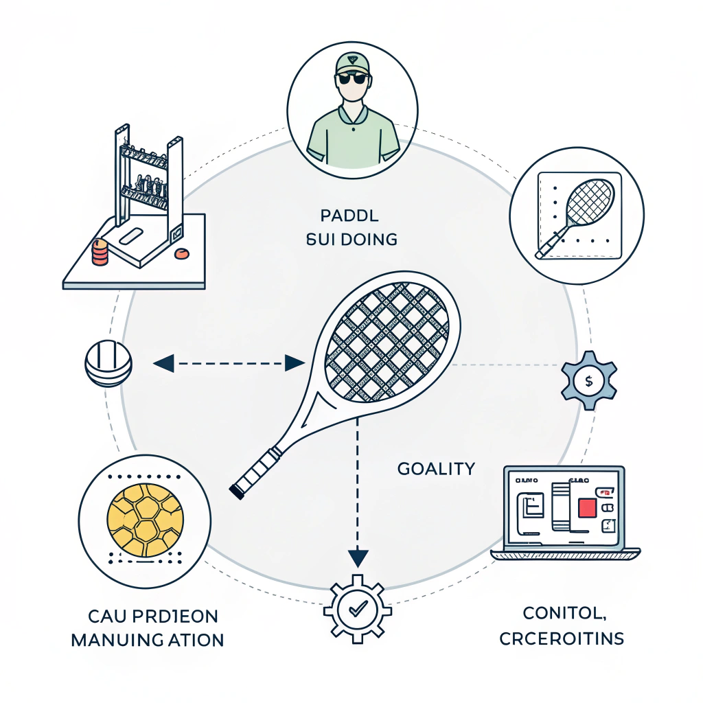 "Minimalist 2D illustration showing padel racket production with CAD design, molding, CNC machining, and quality checks."