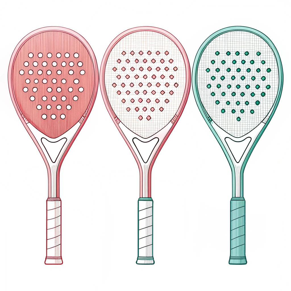 2D minimalist illustration of diamond, round, and teardrop padel rackets in flat style