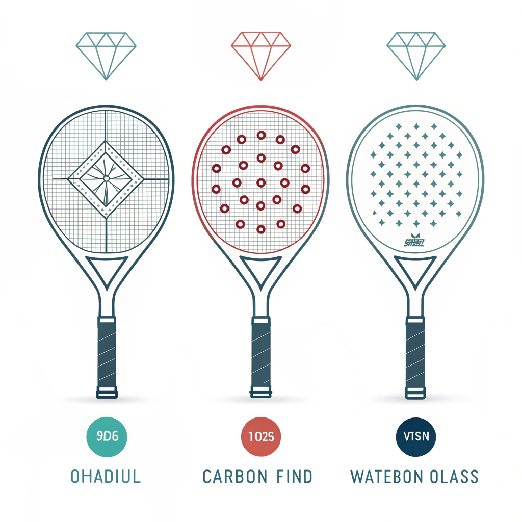 A minimalist 2D illustration comparing padel racket shapes and materials using simple geometric icons.