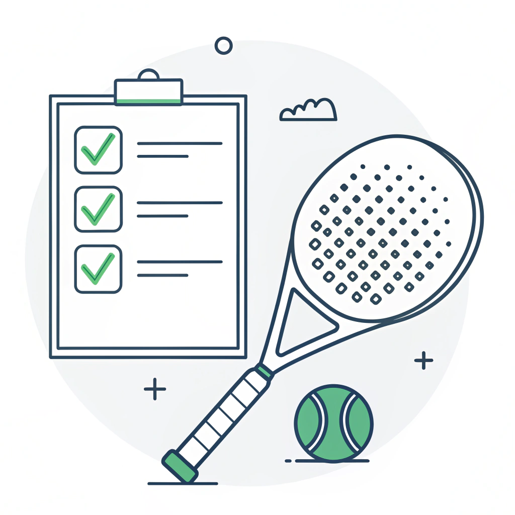 Minimalist illustration of a padel racket with a checklist symbol for material evaluation