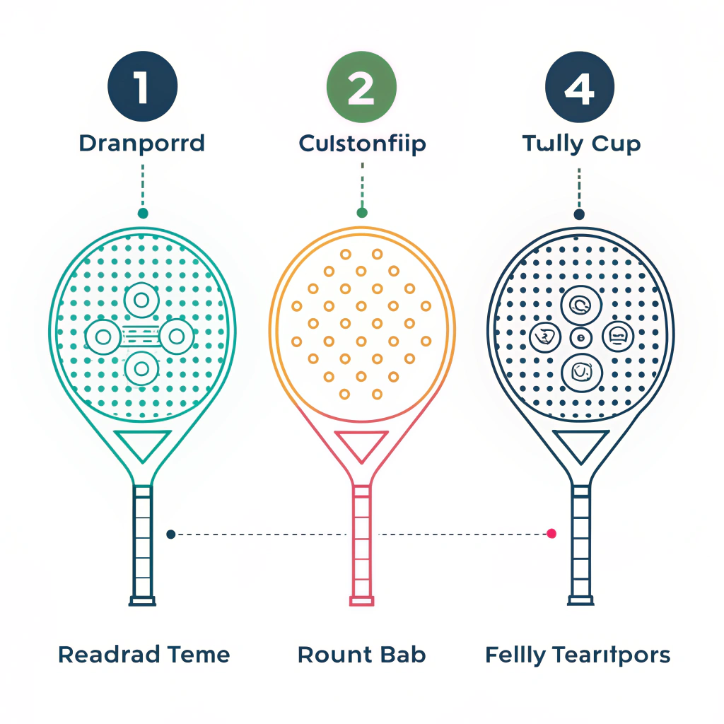 Minimalistic vector depiction of four different padel racket shapes in vibrant colors