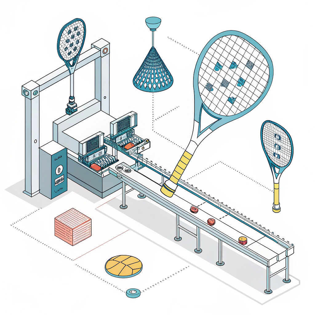 Flat minimalist illustration of advanced, futuristic padel racket production with digital simulation elements.