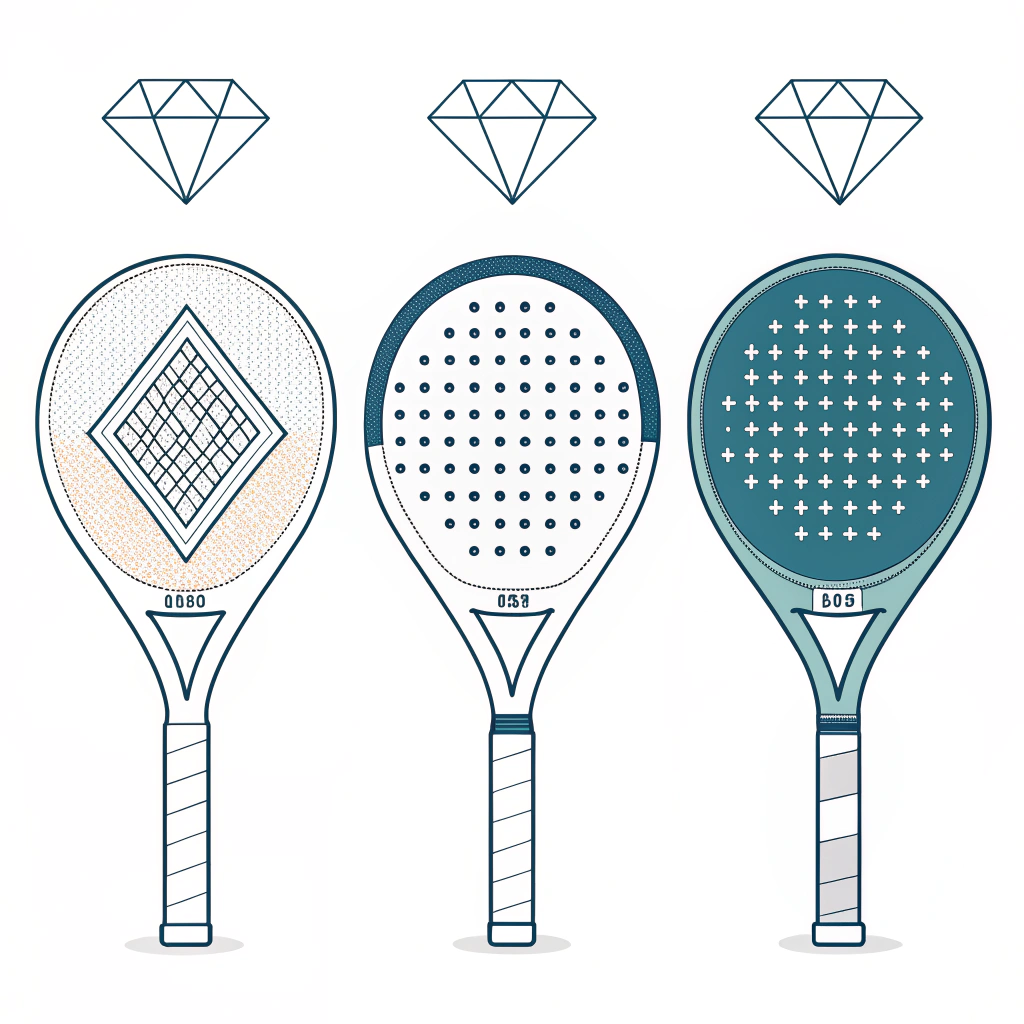 2D flat illustration showing diamond, round, and teardrop padel rackets with carbon fiber details