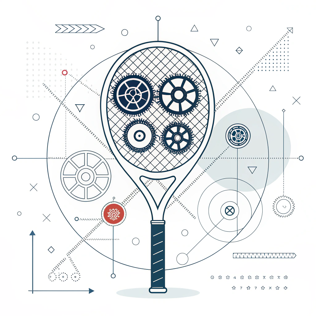 2D flat design image highlighting technical and precision details of a padel racket