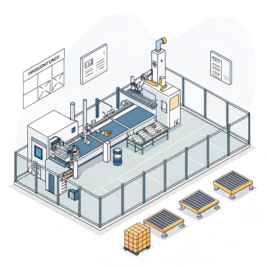 Minimalist digital art of an advanced padel racket factory with high-tech equipment and clean design