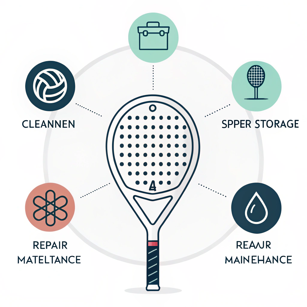 Minimalist illustration of padel racket maintenance with abstract care icons and flat design.