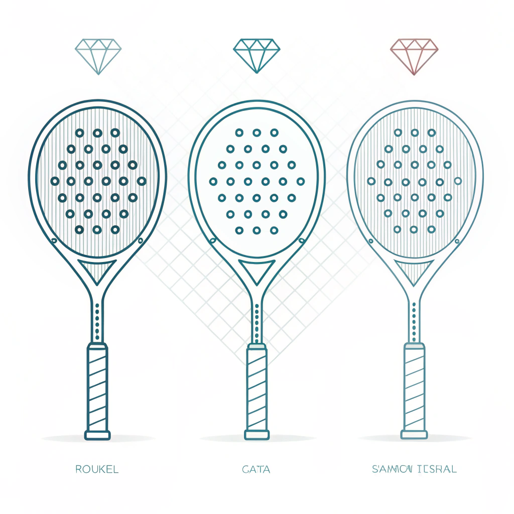 Minimalistic illustration showing round, teardrop, and diamond padel racket shapes.