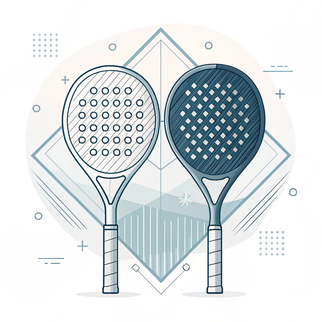 Minimalist 2D illustration comparing carbon fiber and glass fiber padel racket coatings