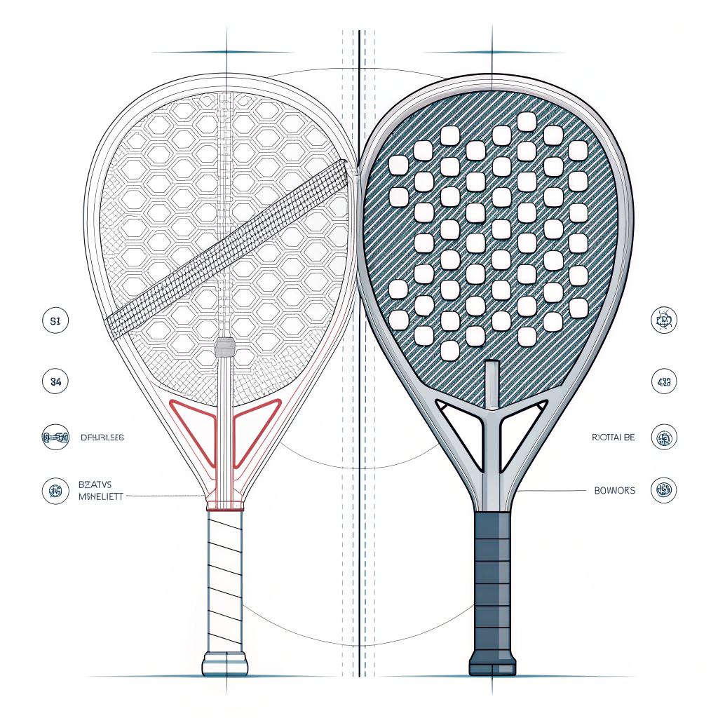 2D minimalist illustration of a padel racket frame emphasizing material contrasts and precision.