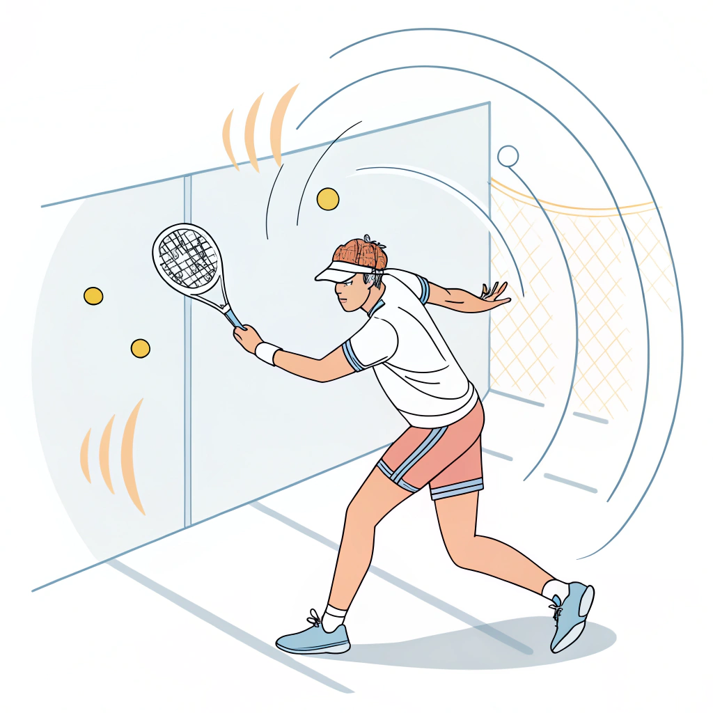 Minimal 2D illustration of a padel racket in action with vibration damping effects