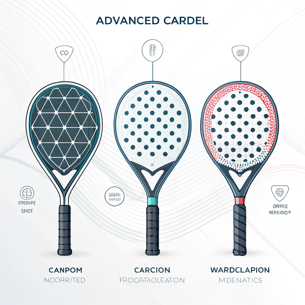 Minimalist 2D representation of futuristic customizable padel rackets with abstract manufacturing theme.
