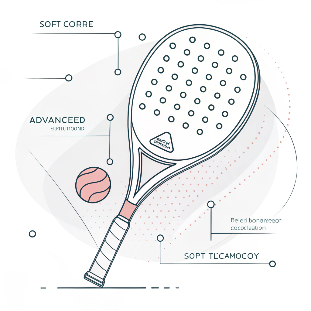 Minimalistic 2D illustration of a padel racket with advanced soft core technology details.