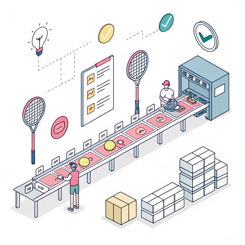 Minimal flat design illustration of a padel racket production line with quality checks