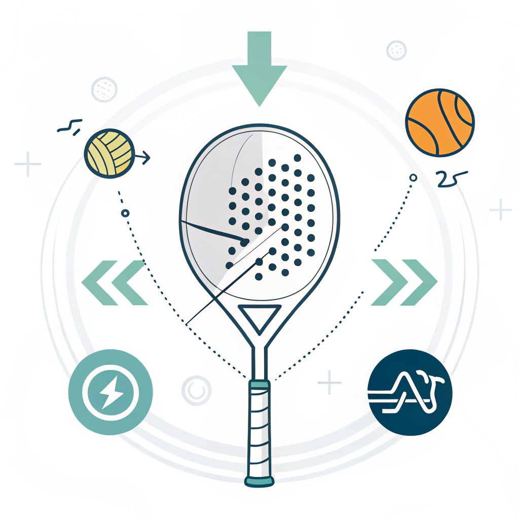 Minimalist illustration of a teardrop padel racket with abstract performance indicators.