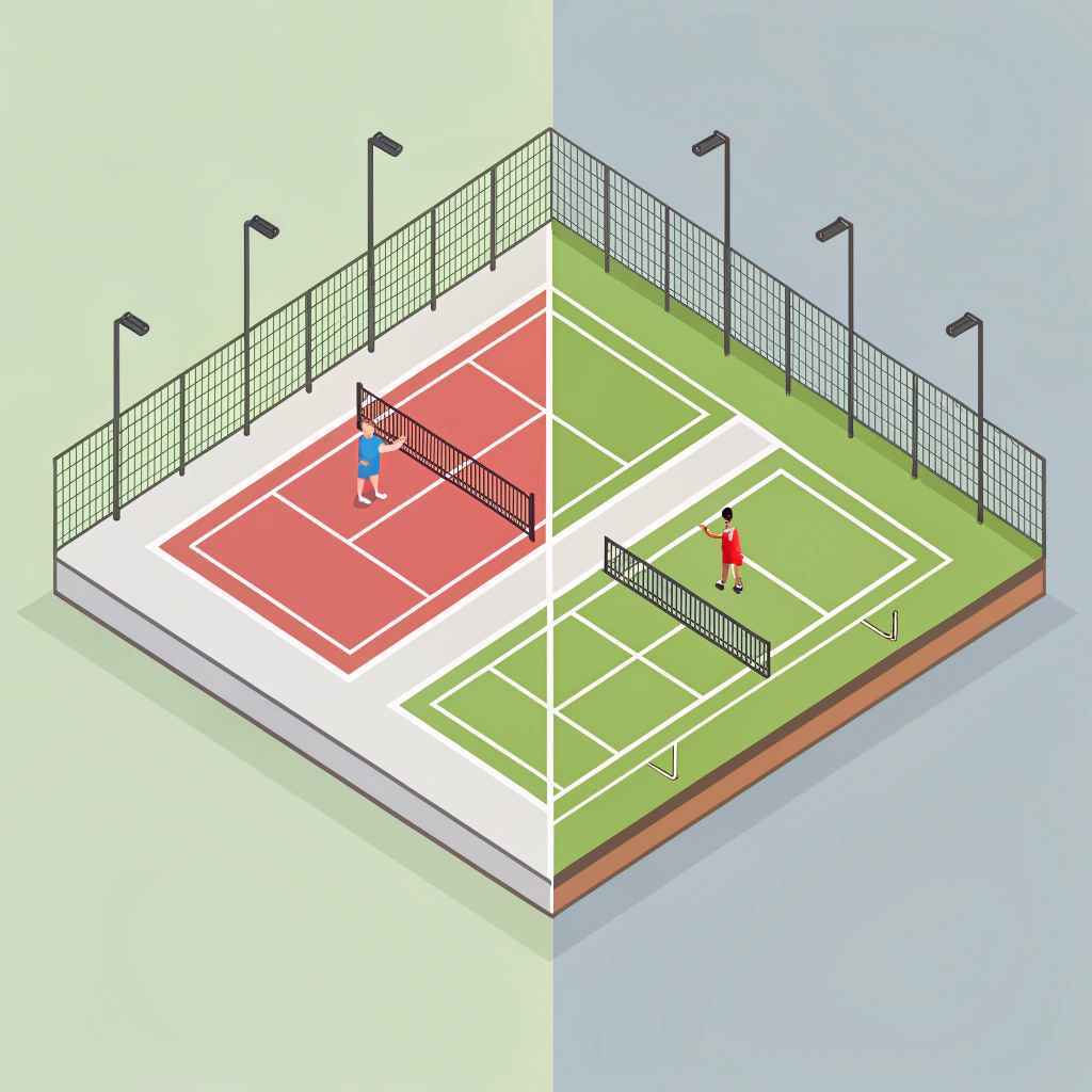 Minimal illustration contrasting outdoor diamond and indoor round padel racket scenarios