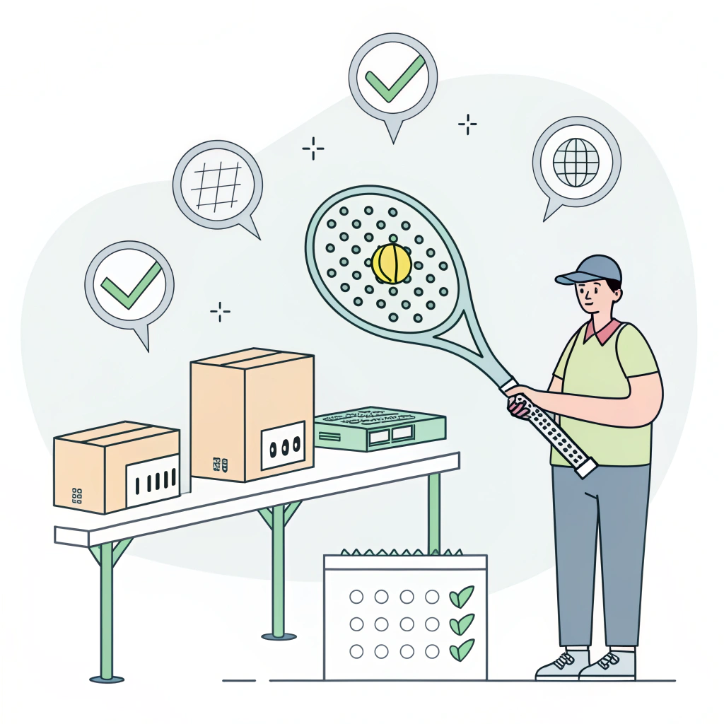 Minimal flat illustration of padel racket in quality control and packaging process