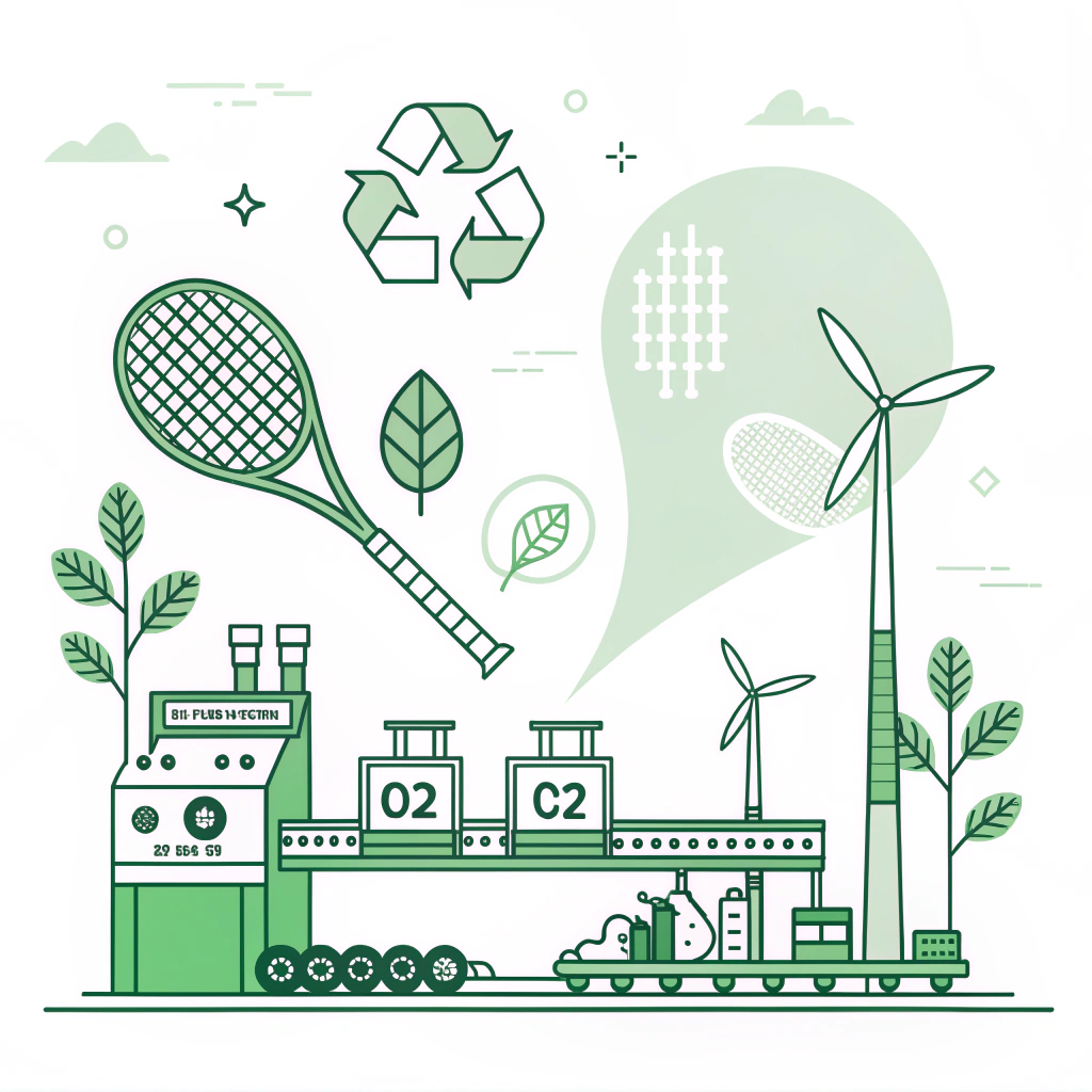 Minimalistic illustration of eco-friendly padel racket production with green elements and modern factory design
