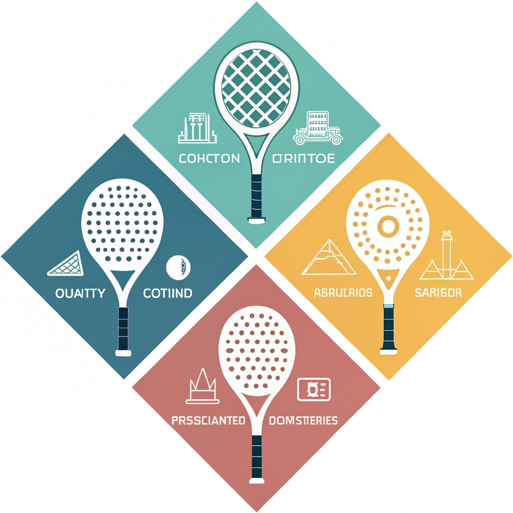 Minimalist flat design illustration of various padel rackets and production icons in pastel colors
