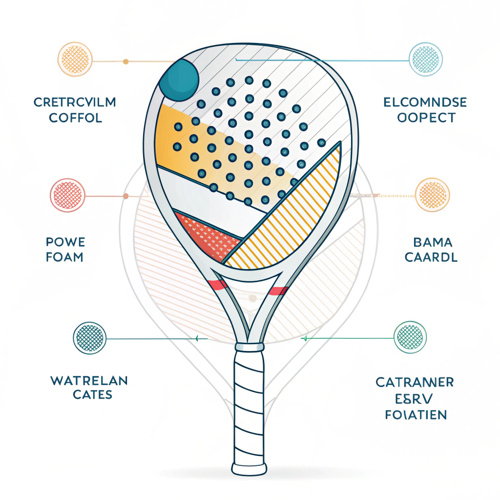 "Minimal 2D vector depiction of padel racket core density layers and materials."