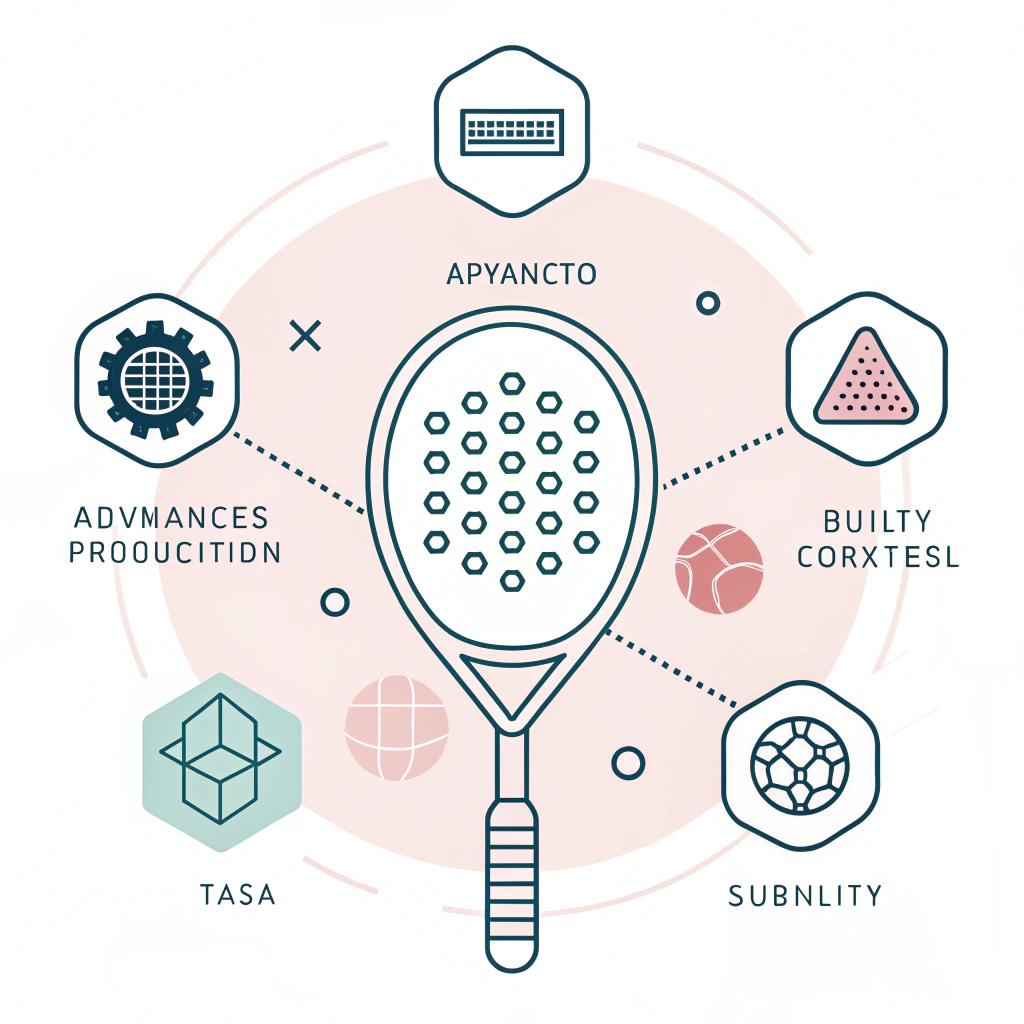 Minimalist illustration of a padel racket with production and quality symbols in pastel tones.