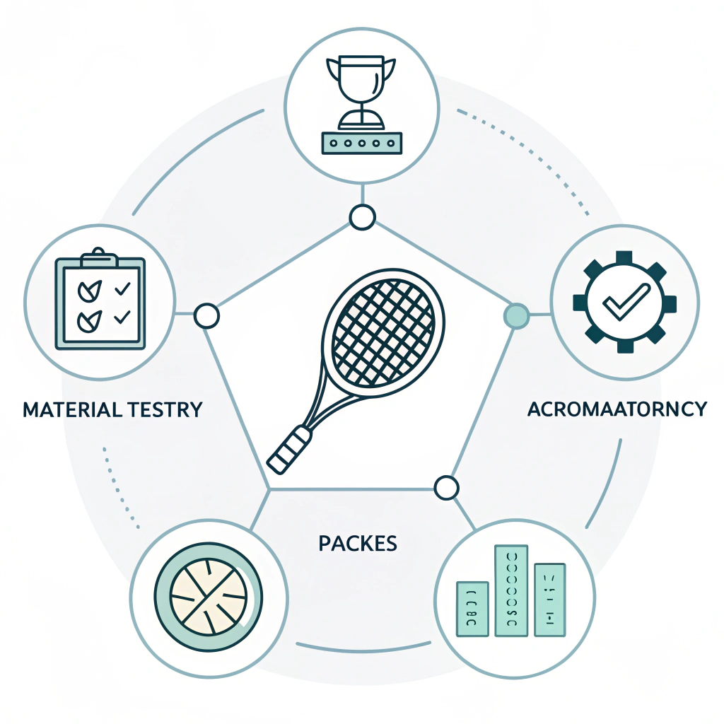 Clean 2D illustration of quality control icons for padel racket production