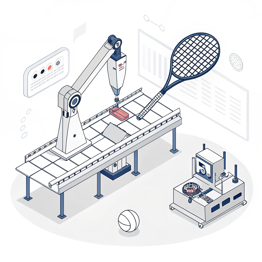 Minimalist 2D illustration of futuristic padel racket production with carbon fiber and robotic precision