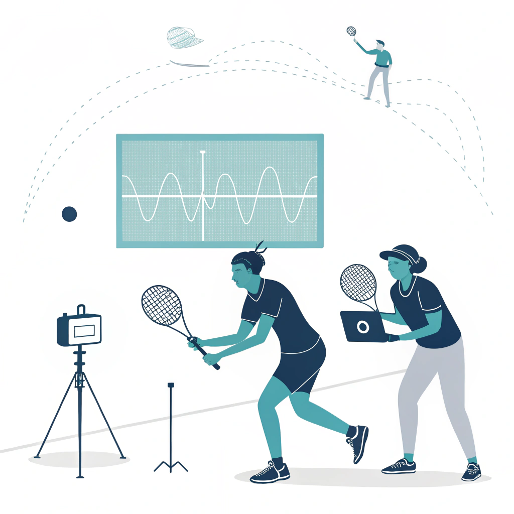 Stylized on-court scene showing instrumented playability testing with radar and monitoring technician