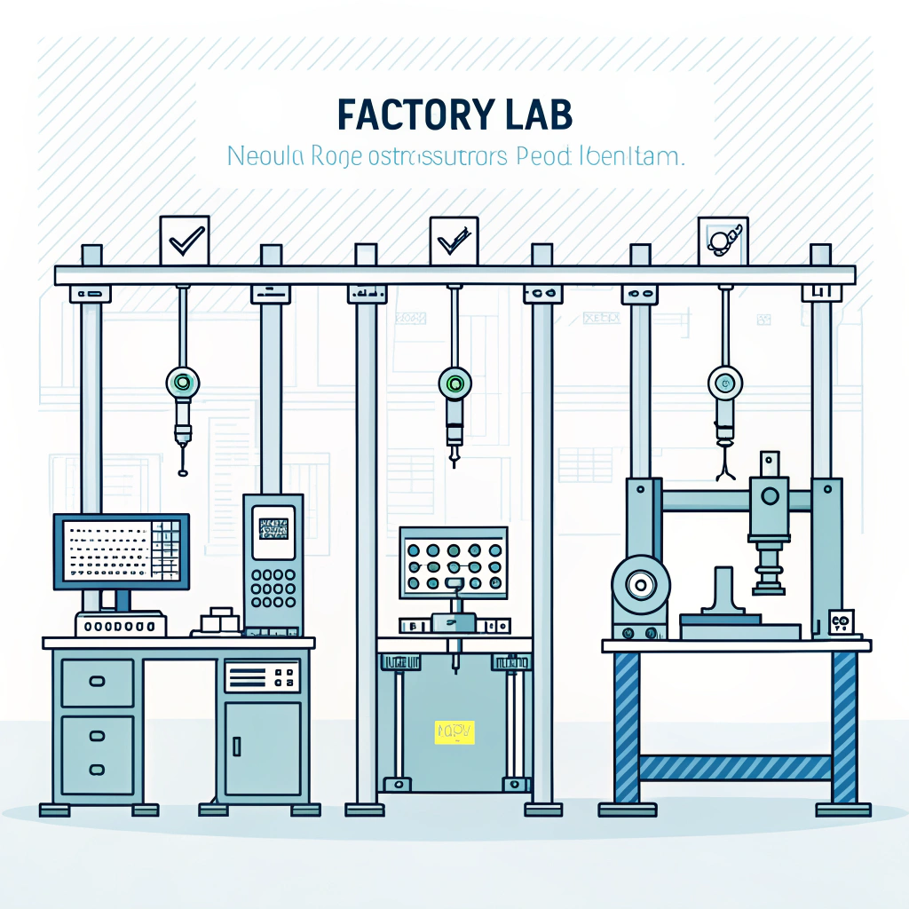 Minimal lab illustration showing various padel testing equipment and devices in a factory setting