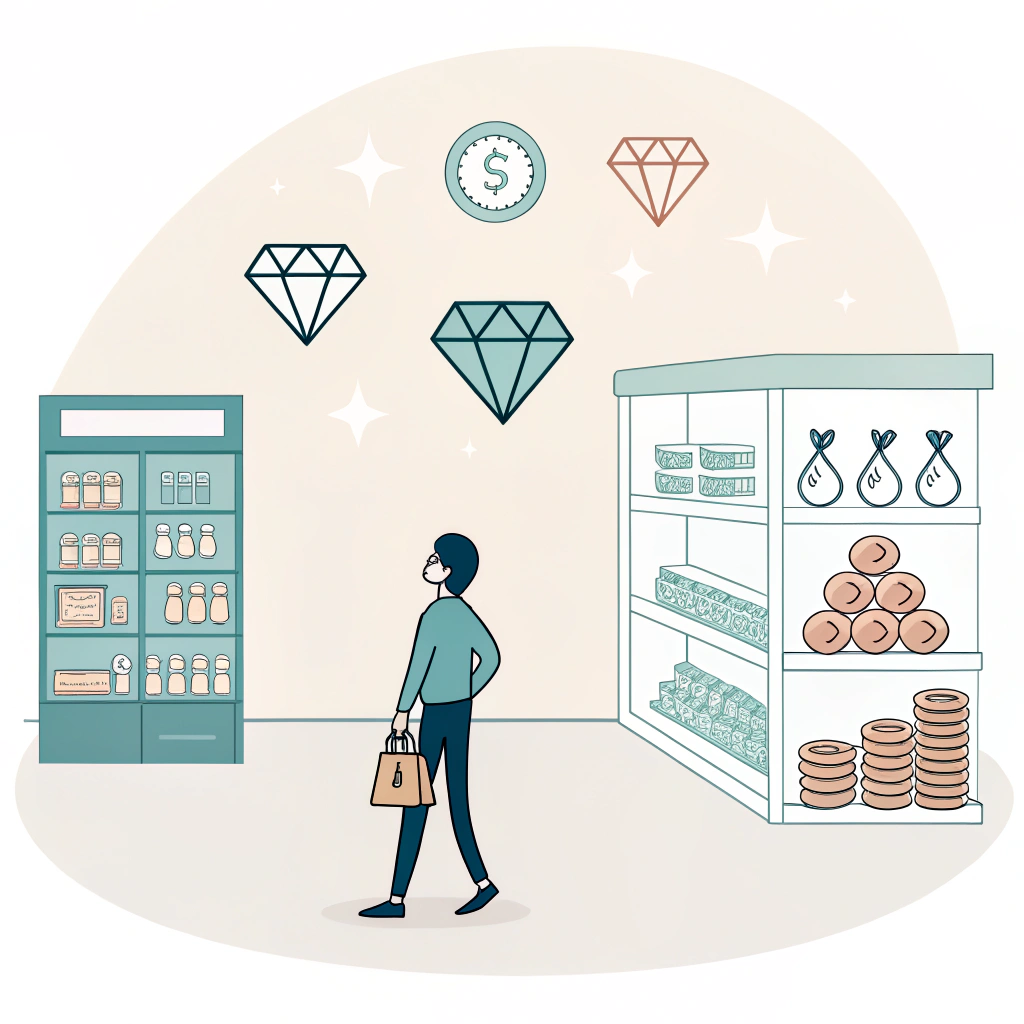 Flat minimal illustration of retailer comparing entry and premium padel rackets, three shapes, coin stacks