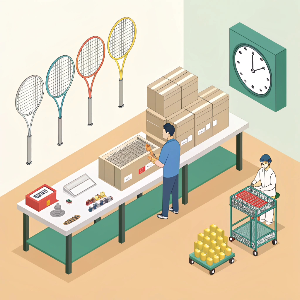 Stylized OEM prototyping scene with rackets, molds, packaging, and ball tubes.