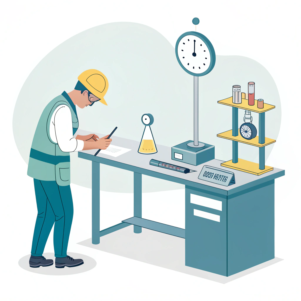 Minimal factory QC bench with caliper, scale, and impact test rig inspecting rackets.