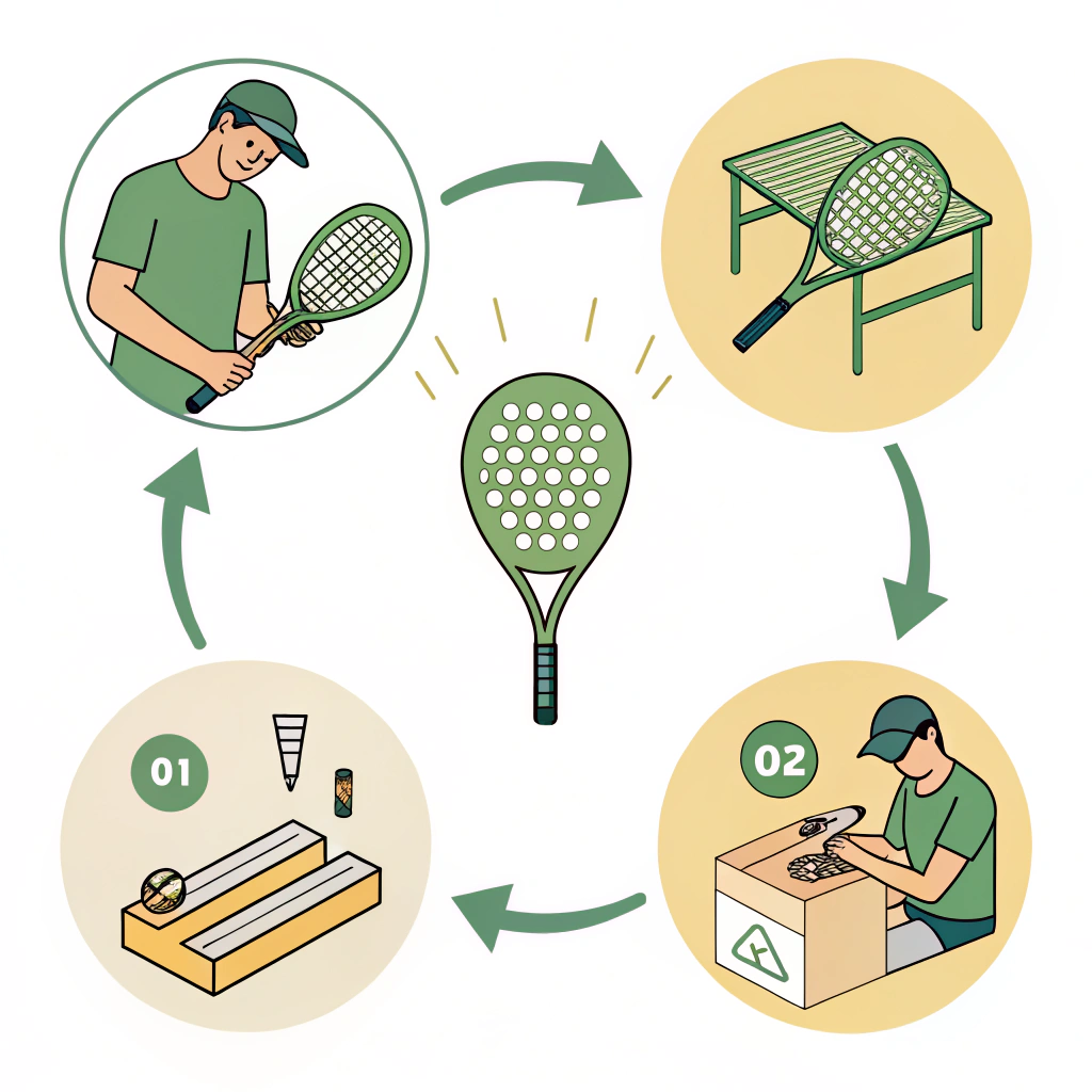 Simple illustration of take-back box, disassembled racket parts, and recycling loop